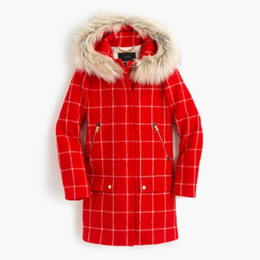 HTF! J Crew Chateau Parka in Red Window Pane 🎄🎁
